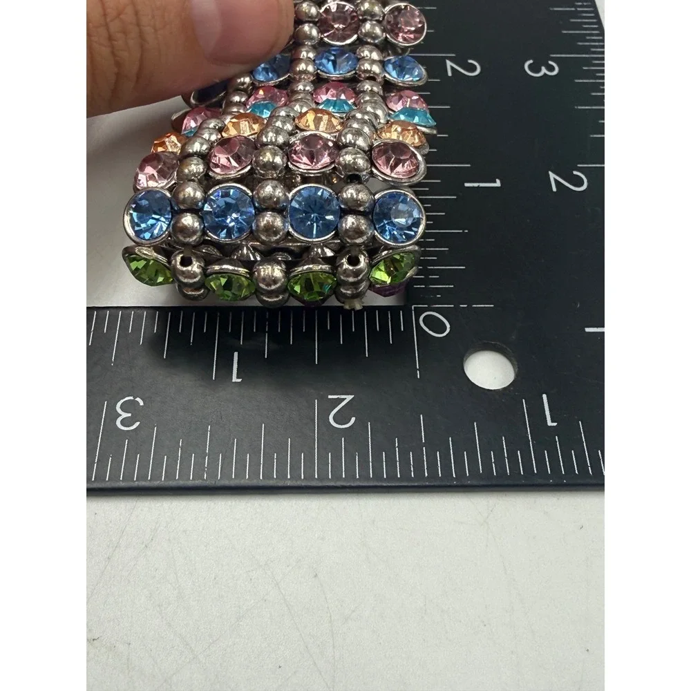 Multi Color Rhinestone Stretch Bracelet Silver Tone 4 Row Rainbow Crystal Cuff